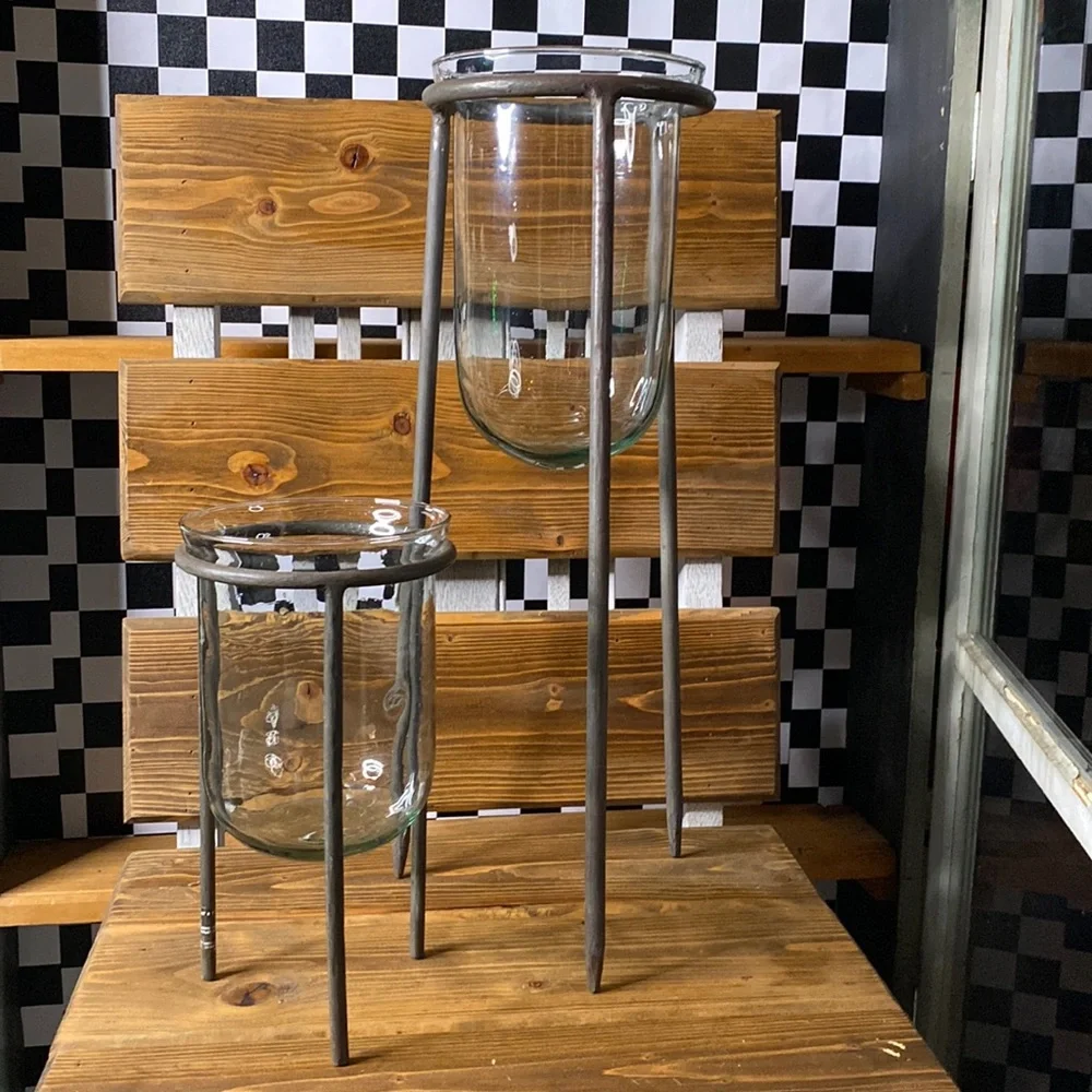 Pottery Barn Set of Two Rustic Metal Tripod Stands with Handblown Glass Vases - Picture 1 of 17